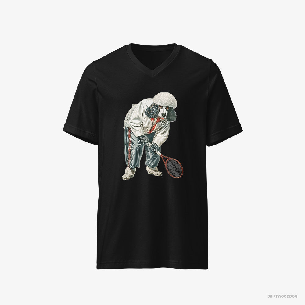 Poodle T-Shirt – Men Black T-Shirt V-Neck – Playing Tennis on the Tennis Court (on White Background)