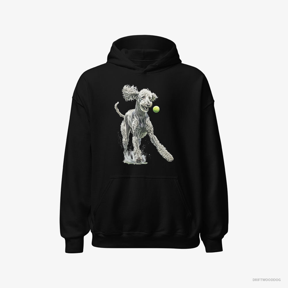 Poodle Hoodie – Men Black Hoodie Classic – Playing with a Tennis Ball (on White Background)