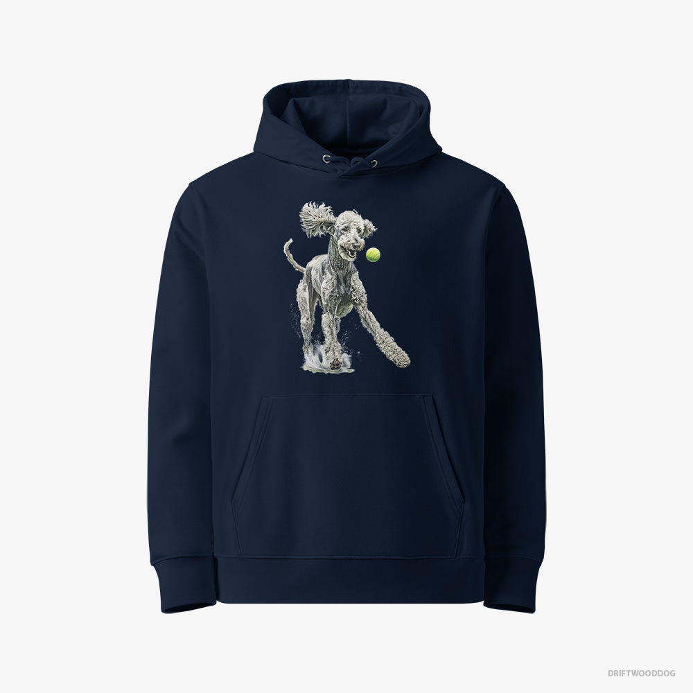 Poodle Hoodie – Men Navy Hoodie Eco-Friendly – Playing with a Tennis Ball (on White Background)