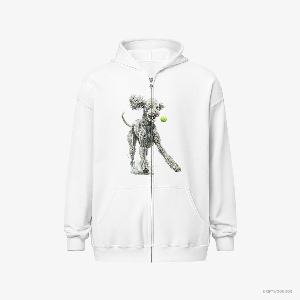 Poodle Hoodie – Men White Hoodie Full-Zip – Playing with a Tennis Ball (on White Background)