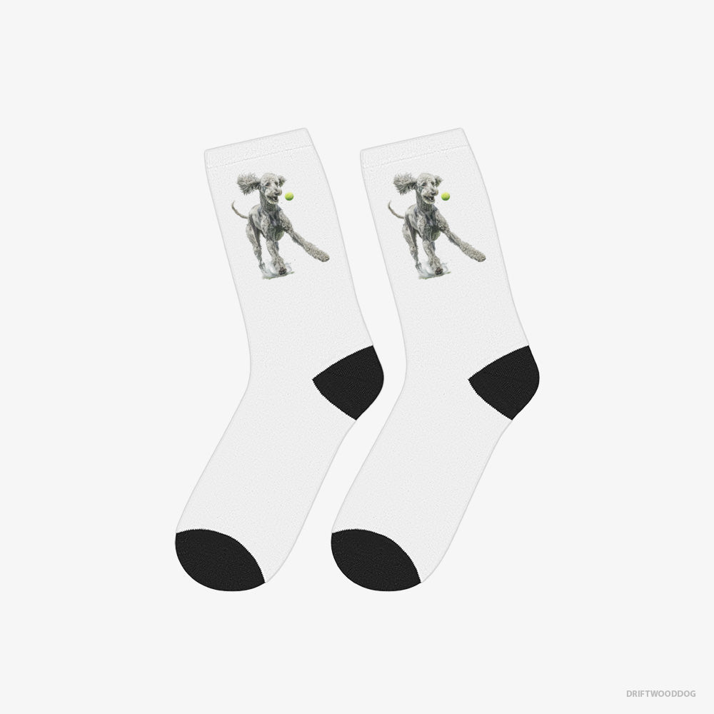 Poodle Socks – Unisex White Socks Classic – Playing with a Tennis Ball (on White Background)