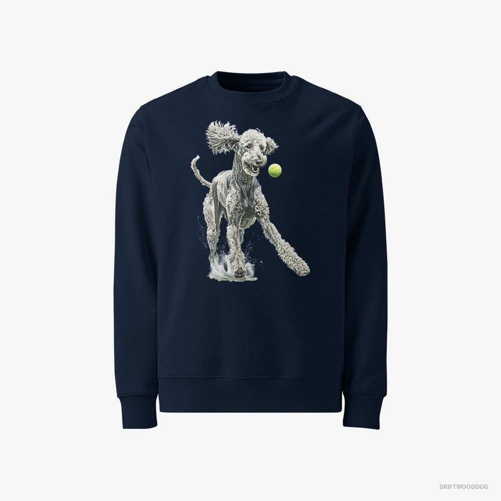 Poodle Sweatshirt – Men Navy Sweatshirt Classic – Playing with a Tennis Ball (on White Background)