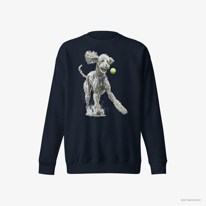 Poodle Sweatshirt – Men Navy Sweatshirt Eco-Friendly – Playing with a Tennis Ball (on White Background)