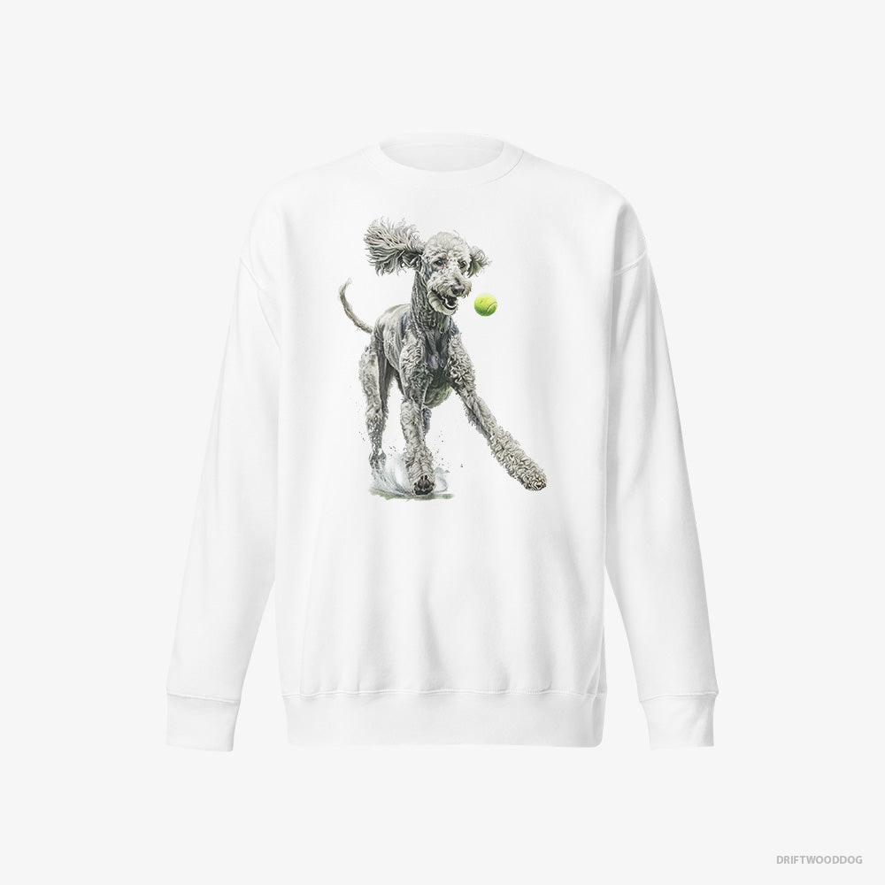 Poodle Sweatshirt – Women White Sweatshirt Eco-Friendly – Playing with a Tennis Ball (on White Background)