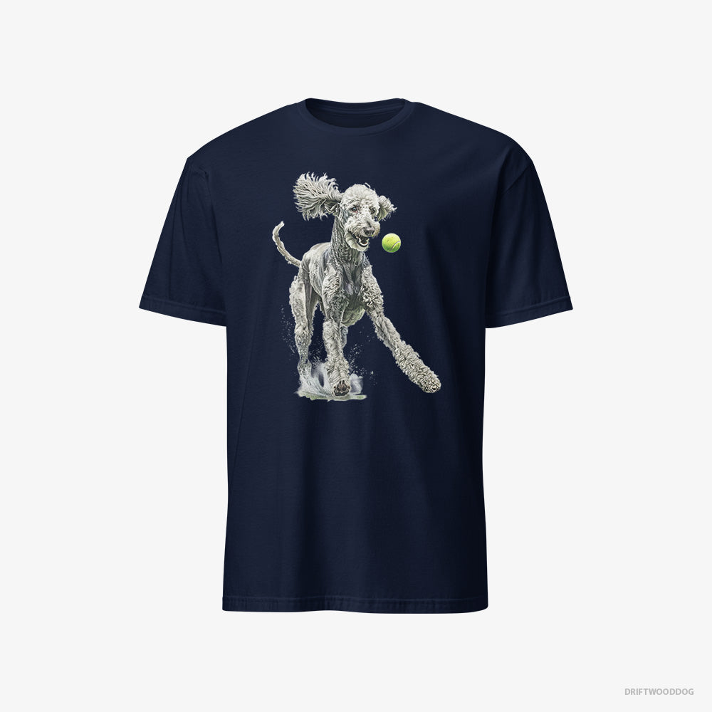 Poodle T-Shirt – Men Navy T-Shirt Classic – Playing with a Tennis Ball (on White Background)