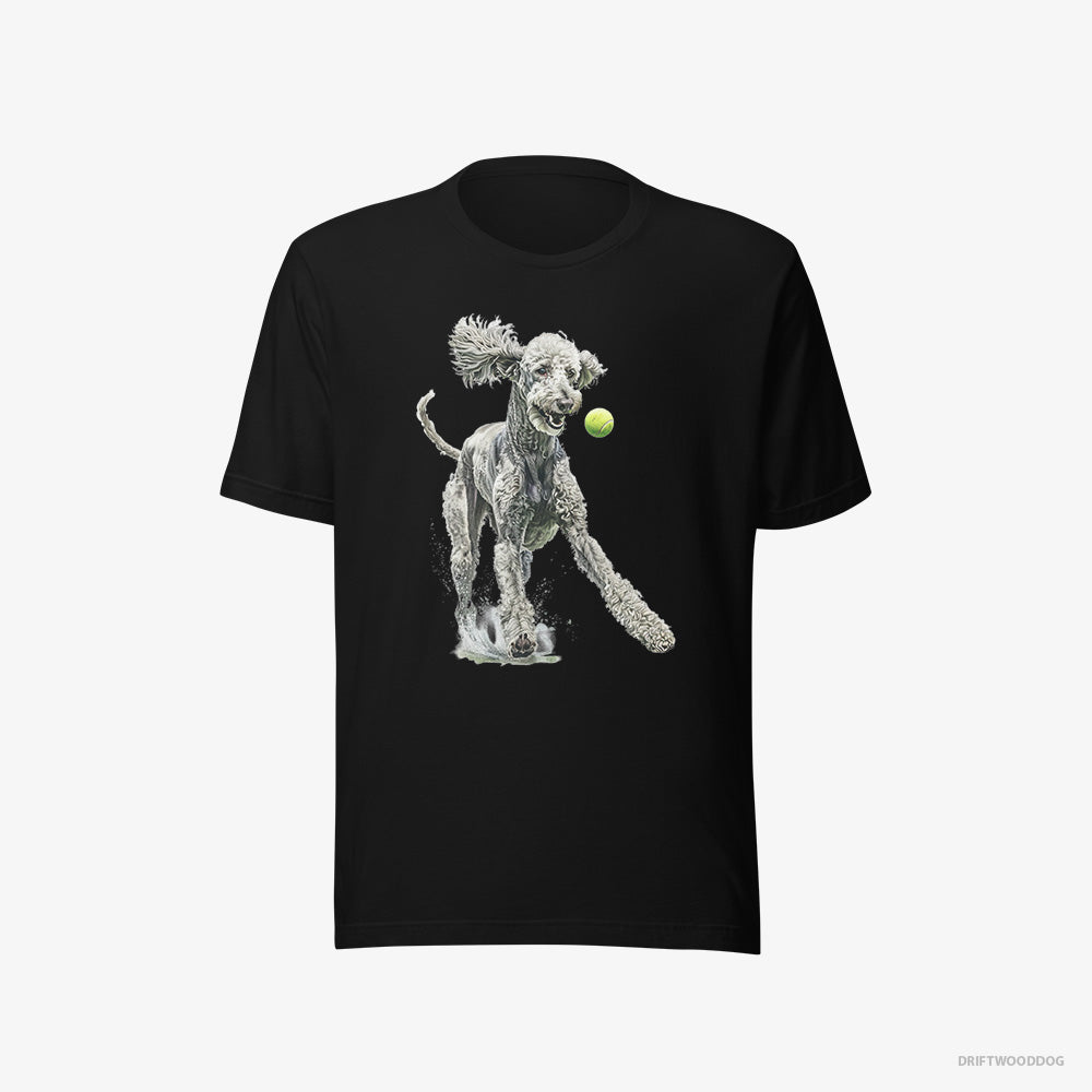 Poodle T-Shirt – Women Black T-Shirt Eco-Friendly – Playing with a Tennis Ball (on White Background)