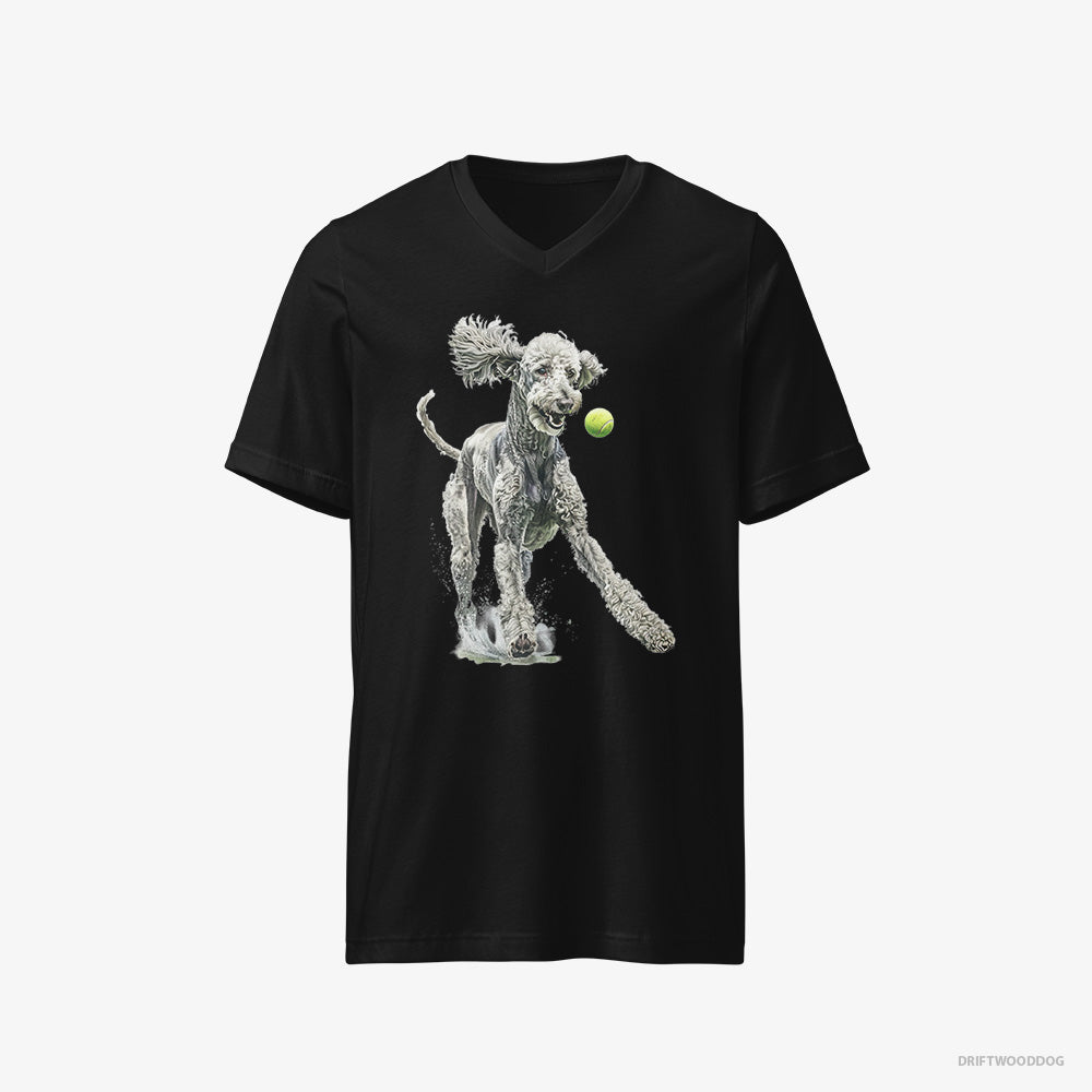 Poodle T-Shirt – Men Black T-Shirt V-Neck – Playing with a Tennis Ball (on White Background)