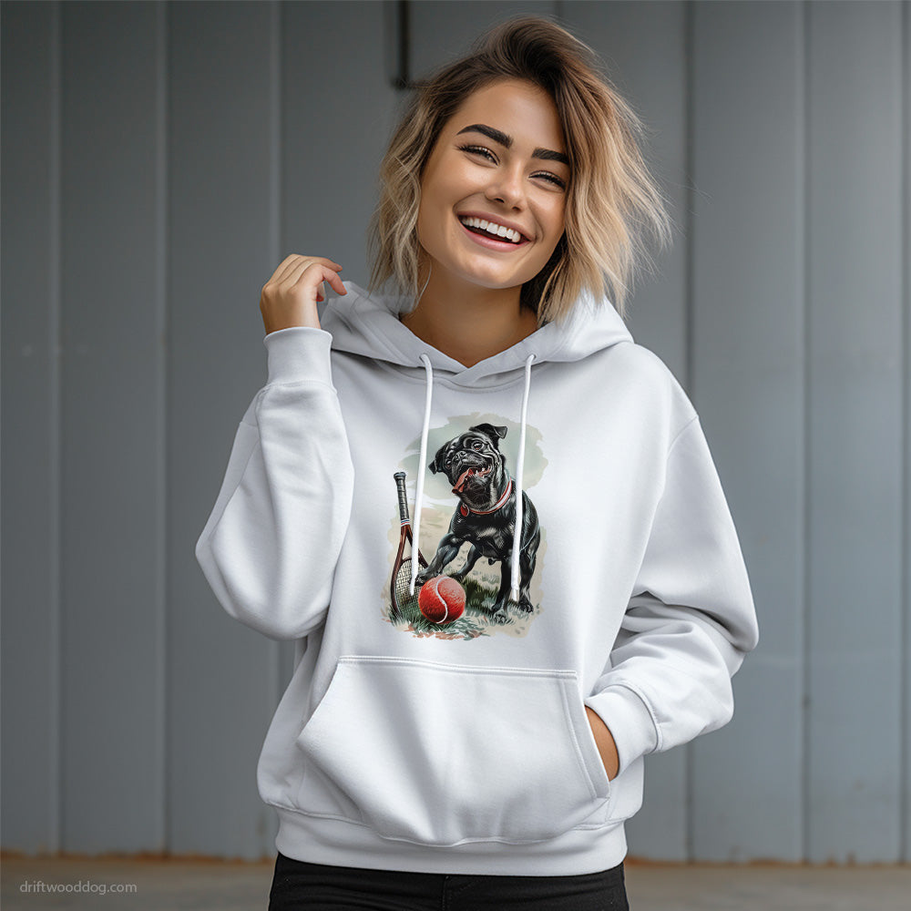 Black Pug Ready for a Tennis Match Hoodie – Dog Graphic Hoodie for Women