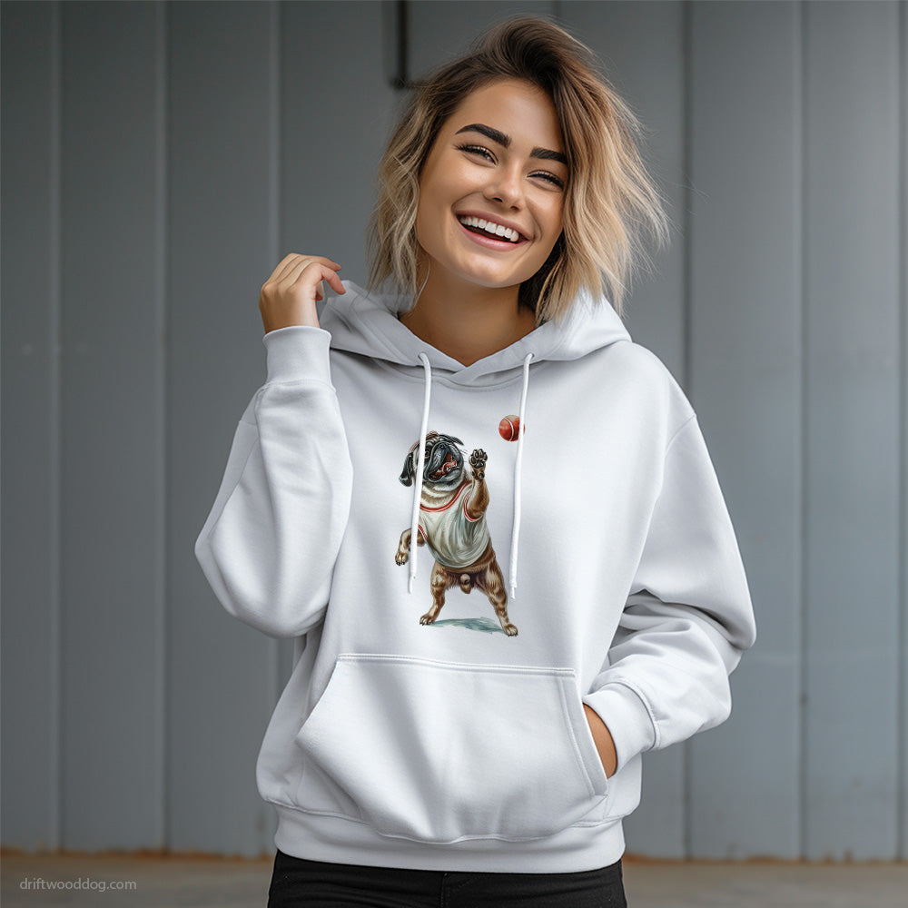 Pug Playing with a Tennis Ball Hoodie – Dog Graphic Hoodie for Women