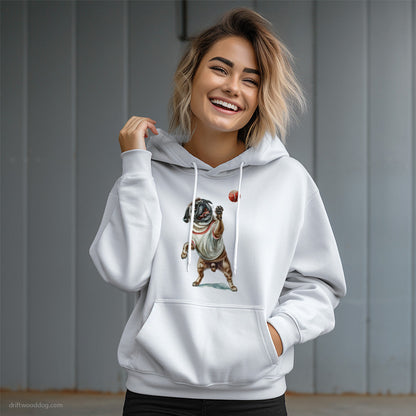 Pug Playing with a Tennis Ball Hoodie – Dog Graphic Hoodie for Women