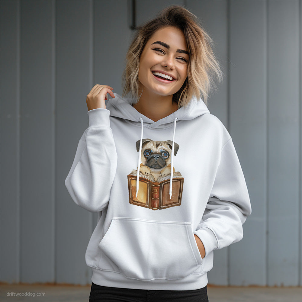 Funny Pug With a Book Hoodie – Dog Graphic Hoodie for Women