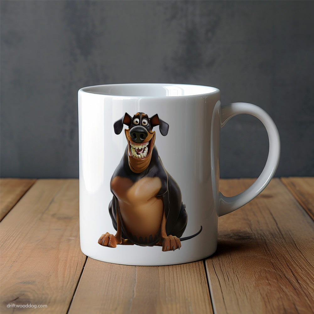 Funny Dobermann Being Fat and Smiling Mug – Unique Dog Cups | Dog-Themed Mugs