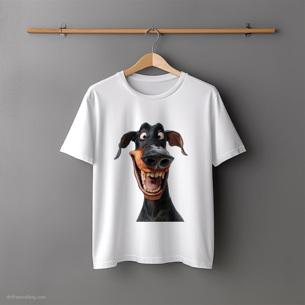 Funny Dobermann Flashing a Toothsome Smile T-Shirt – Unisex Tee for Dog Lovers