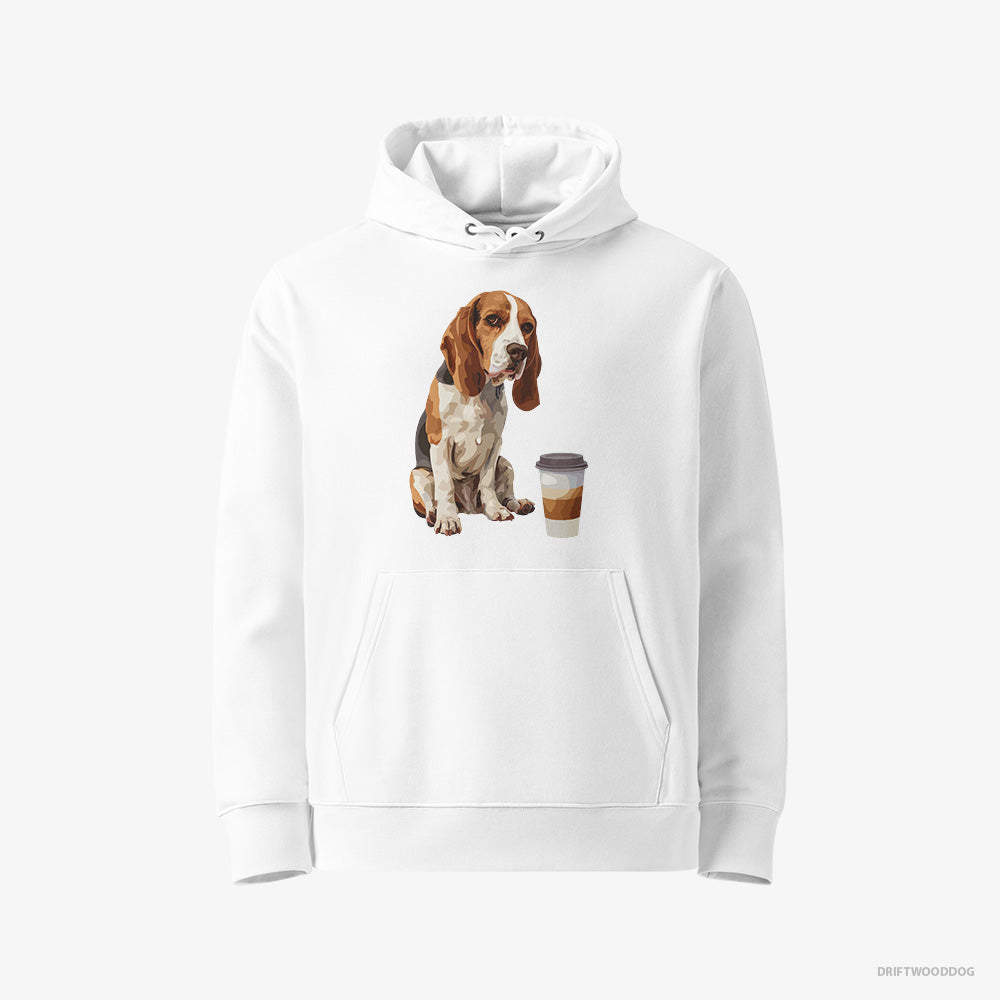 Beagle Hoodie – Men White Hoodie Eco-Friendly – Having a Coffee Break (on White Background)