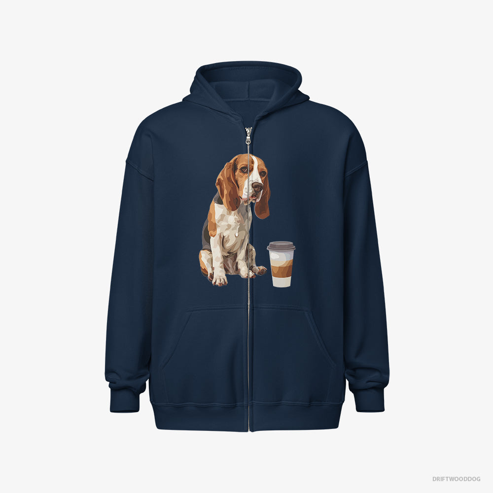 Beagle Hoodie – Men Navy Hoodie Full-Zip – Having a Coffee Break (on White Background)