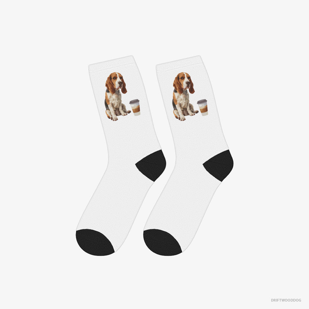 Beagle Socks – Unisex White Socks Classic – Having a Coffee Break (on White Background)