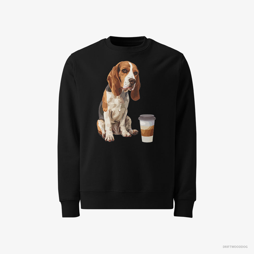 Beagle Sweatshirt – Men Black Sweatshirt Classic – Having a Coffee Break (on White Background)