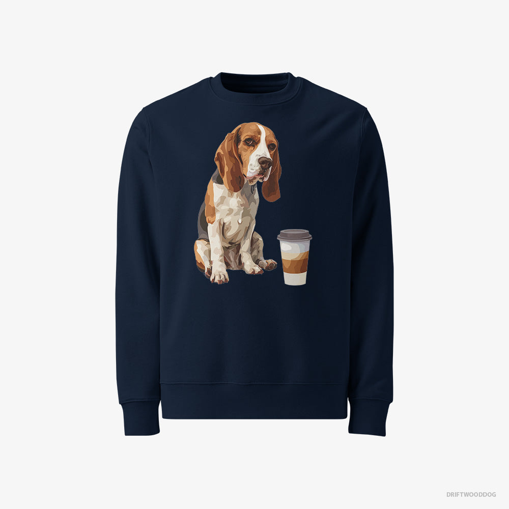 Beagle Sweatshirt – Men Navy Sweatshirt Classic – Having a Coffee Break (on White Background)