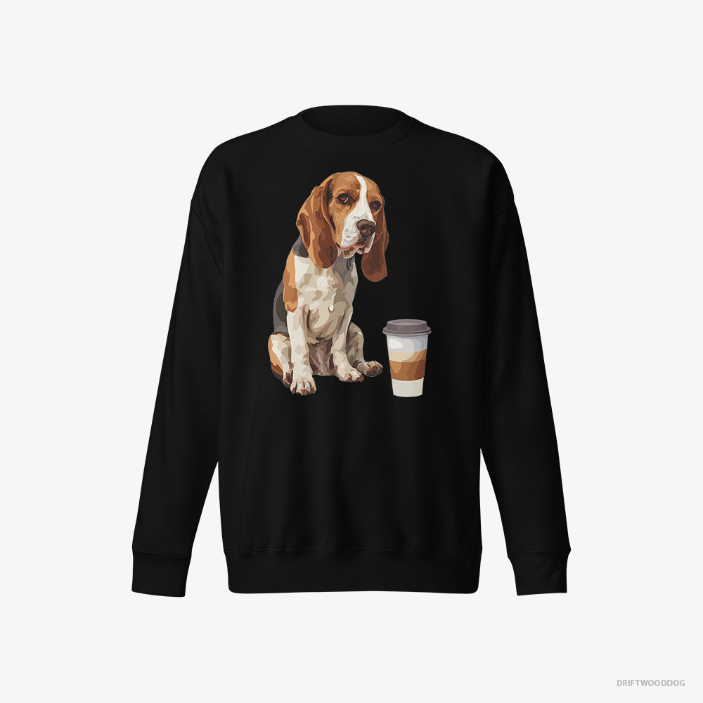 Beagle Sweatshirt – Men Black Sweatshirt Eco-Friendly – Having a Coffee Break (on White Background)