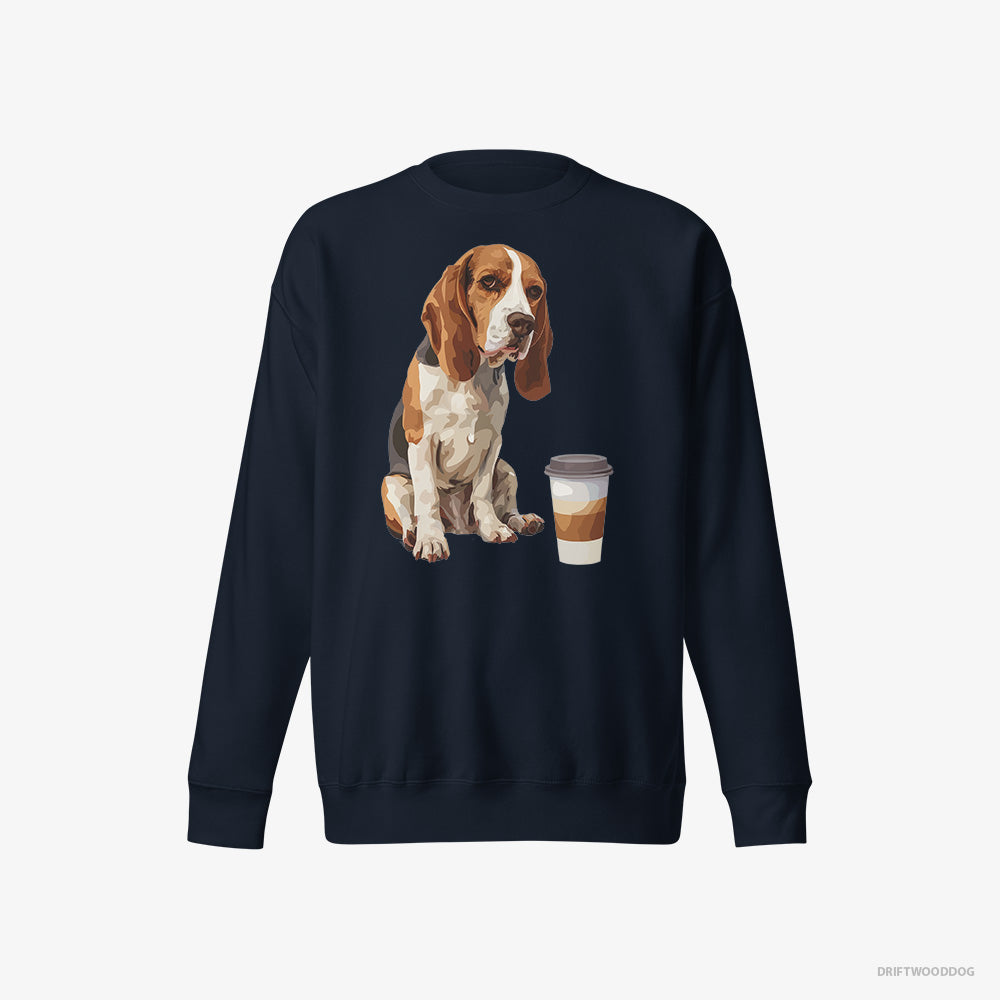 Beagle Sweatshirt – Men Navy Sweatshirt Eco-Friendly – Having a Coffee Break (on White Background)