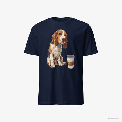 Beagle T-Shirt – Men Navy T-Shirt Classic – Having a Coffee Break (on White Background)