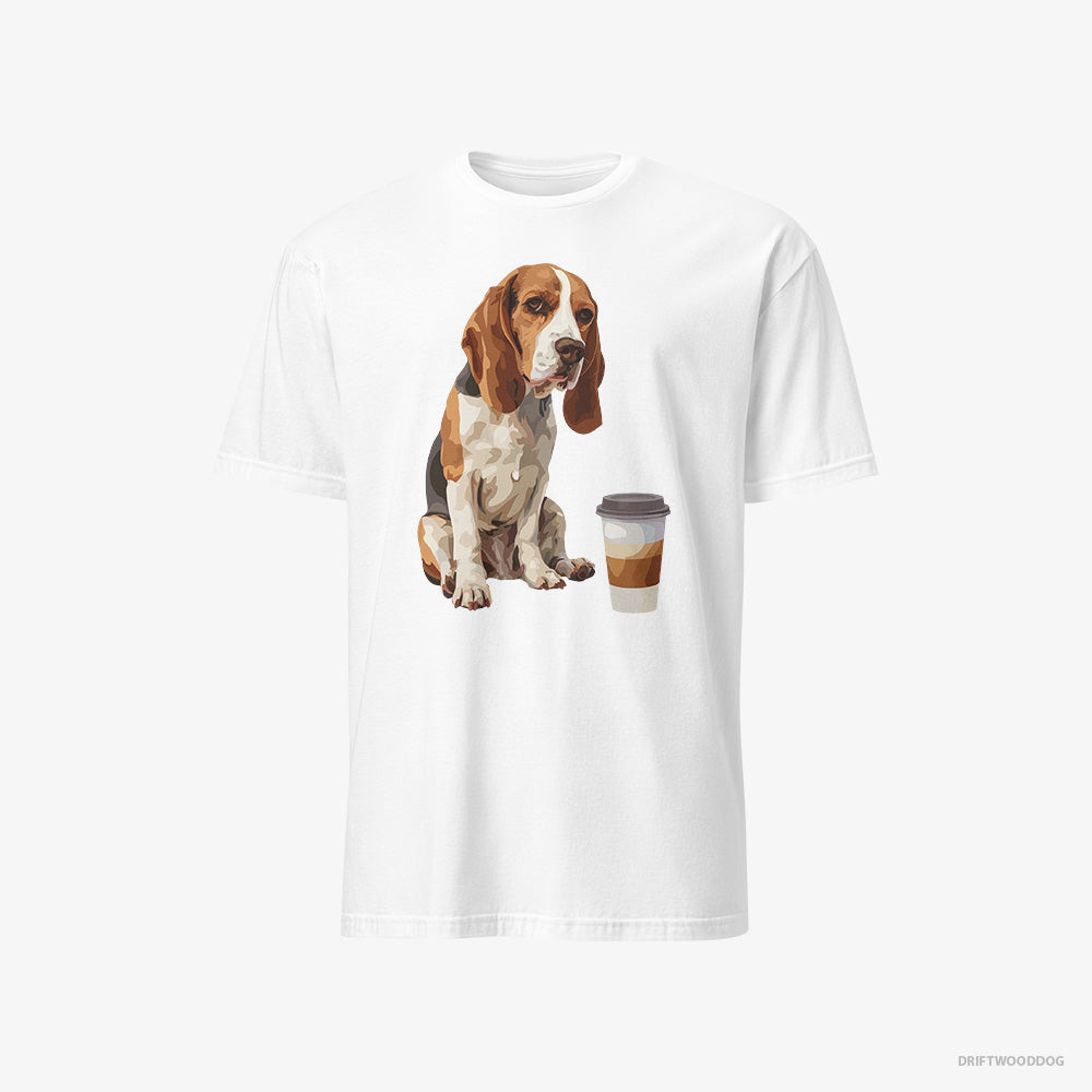 Beagle T-Shirt – Men White T-Shirt Classic – Having a Coffee Break (on White Background)