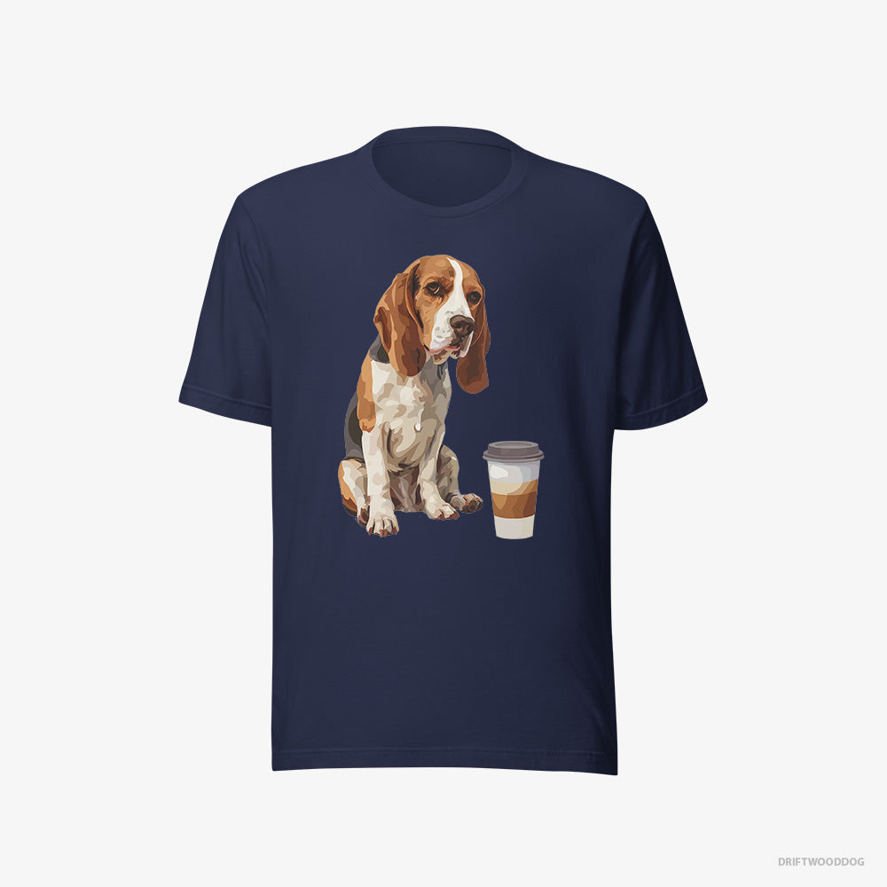 Beagle T-Shirt – Women Navy T-Shirt Eco-Friendly – Having a Coffee Break (on White Background)