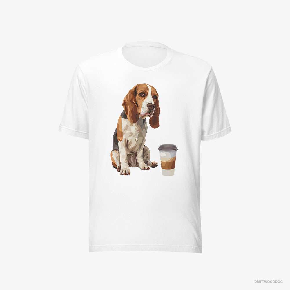 Beagle T-Shirt – Men White T-Shirt Eco-Friendly – Having a Coffee Break (on White Background)