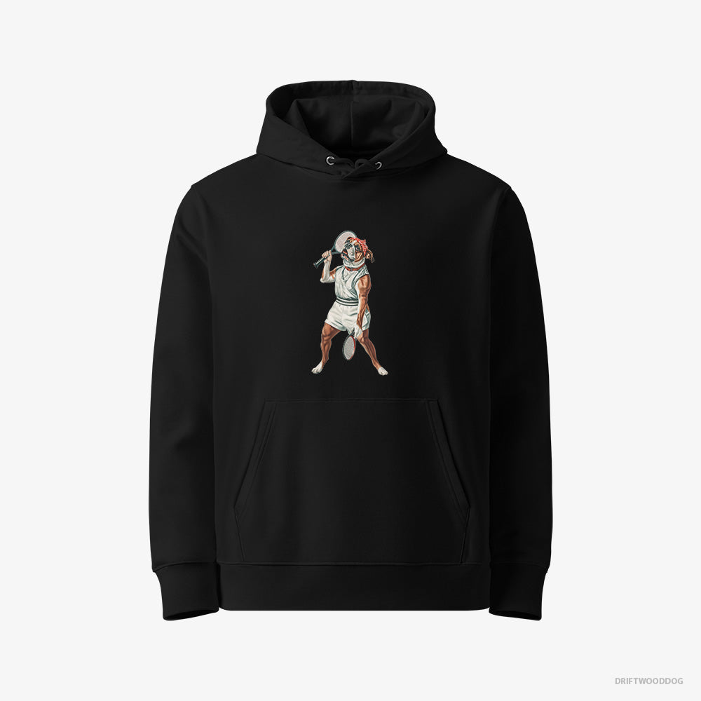 Bulldog Hoodie – Women Black Hoodie Eco-Friendly – Playing Tennis (on White Background)