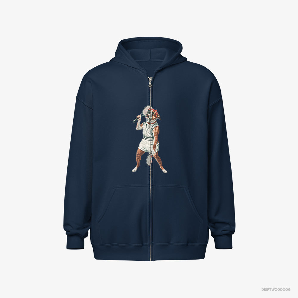 Bulldog Hoodie – Women Navy Hoodie Full-Zip – Playing Tennis (on White Background)