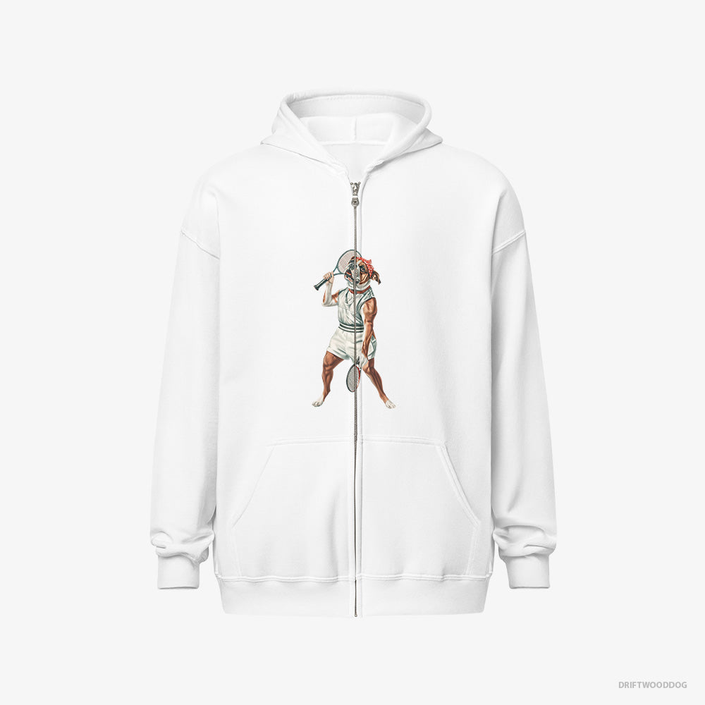 Bulldog Hoodie – Men White Hoodie Full-Zip – Playing Tennis (on White Background)