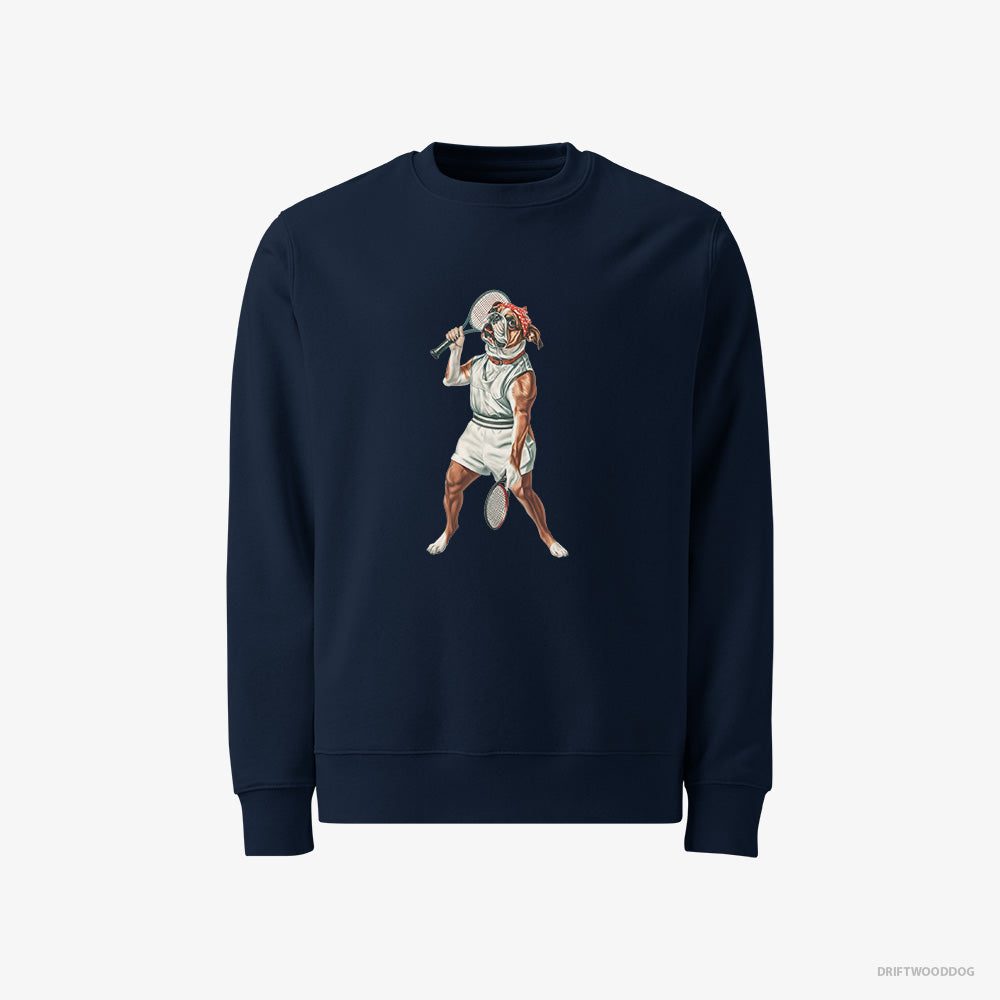 Bulldog Sweatshirt – Men Navy Sweatshirt Classic – Playing Tennis (on White Background)