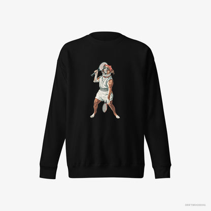 Bulldog Sweatshirt – Men Black Sweatshirt Eco-Friendly – Playing Tennis (on White Background)