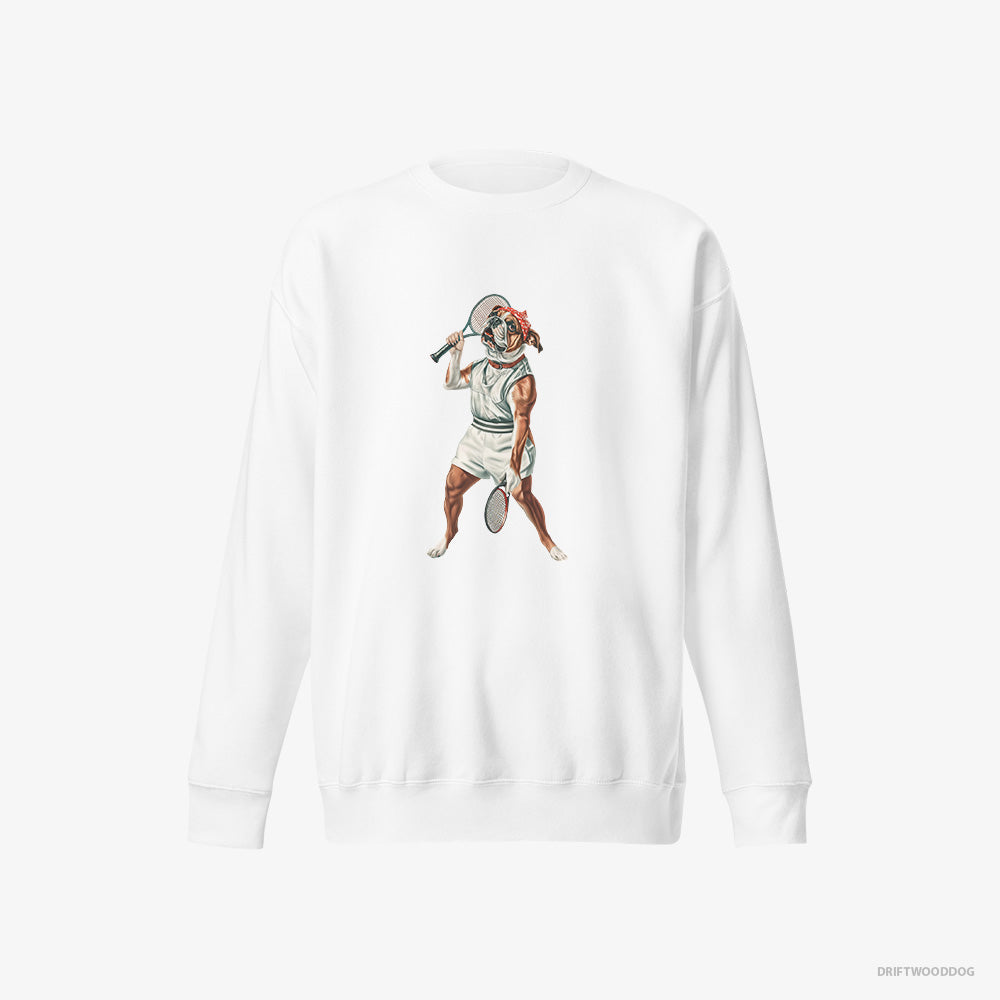 Bulldog Sweatshirt – Men White Sweatshirt Eco-Friendly – Playing Tennis (on White Background)