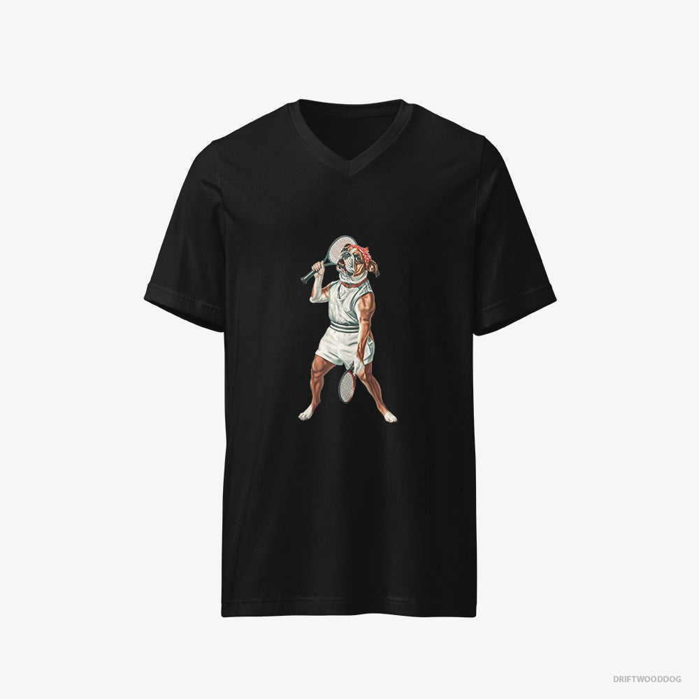 Bulldog T-Shirt – Men Black T-Shirt V-Neck – Playing Tennis (on White Background)