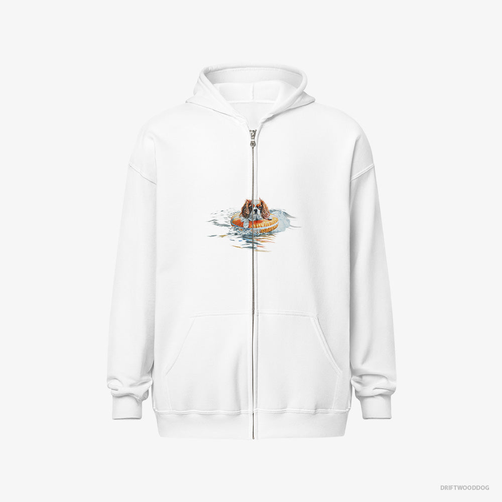 Cavalier King Charles Spaniel Hoodie – Women White Hoodie Full-Zip – Floating at Sea (on White Background)