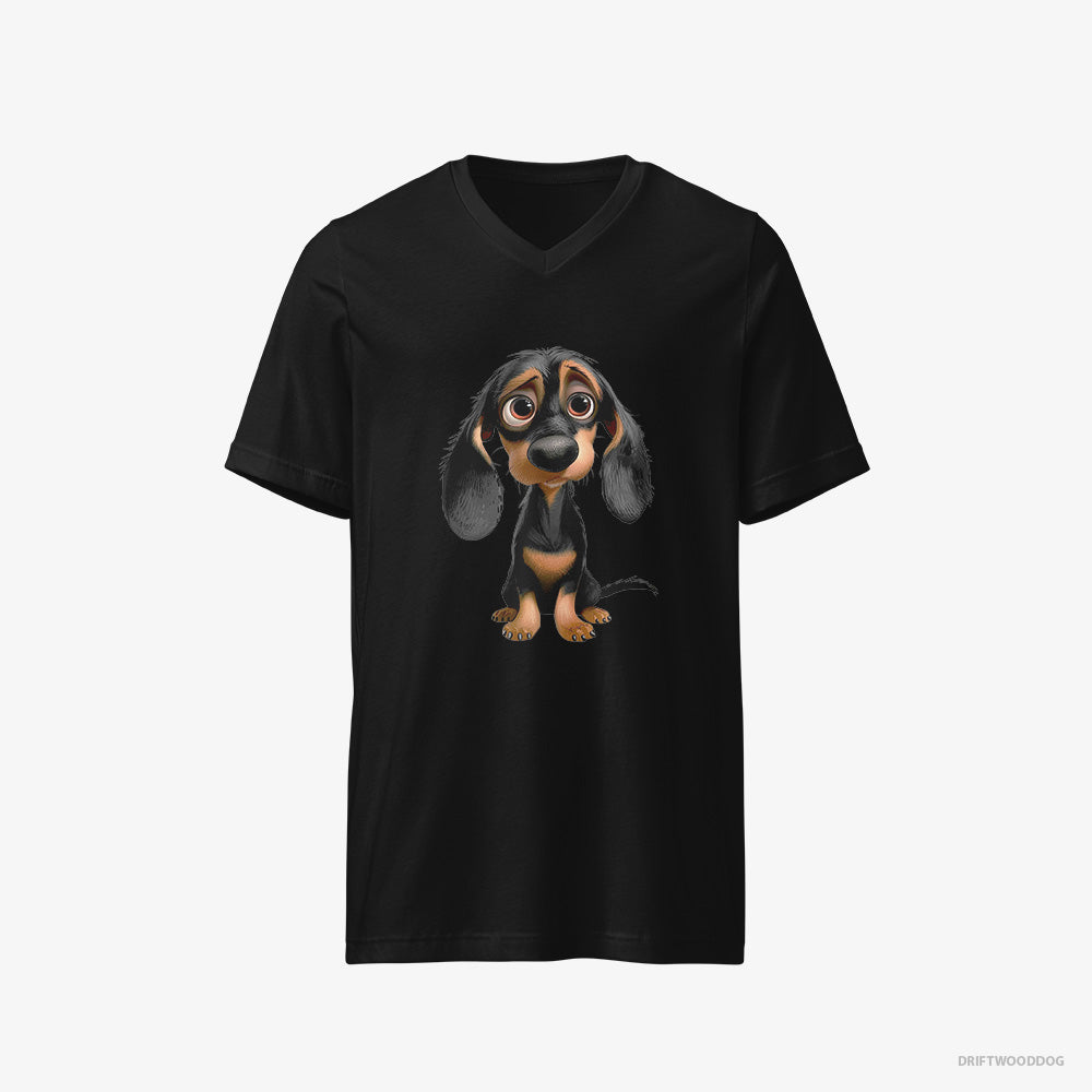 Dachshund T-Shirt – Men Black T-Shirt V-Neck – Being Sad (on White Background)