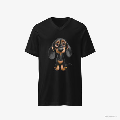 Dachshund T-Shirt – Men Black T-Shirt V-Neck – Being Sad (on White Background)