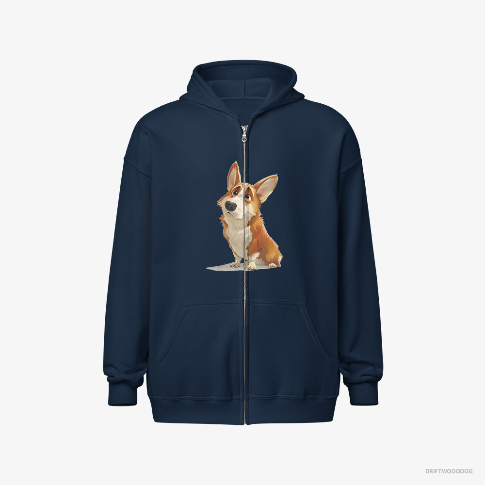 Corgi Hoodie – Men Navy Hoodie Full-Zip – With a Big Head (on White Background)