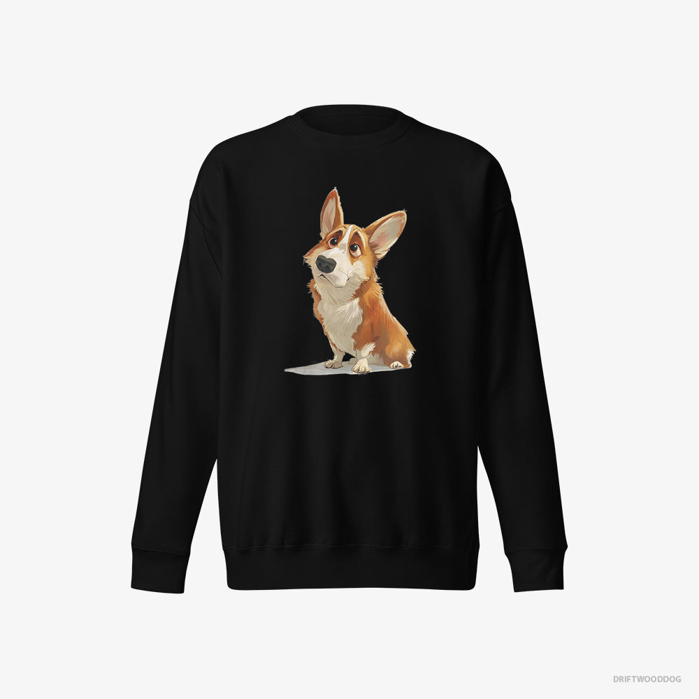 Corgi Sweatshirt – Men Black Sweatshirt Eco-Friendly – With a Big Head (on White Background)