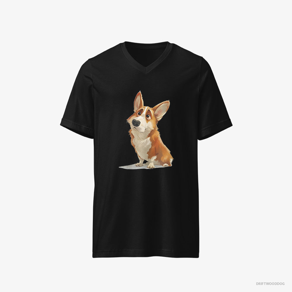 Corgi T-Shirt – Men Black T-Shirt V-Neck – With a Big Head (on White Background)