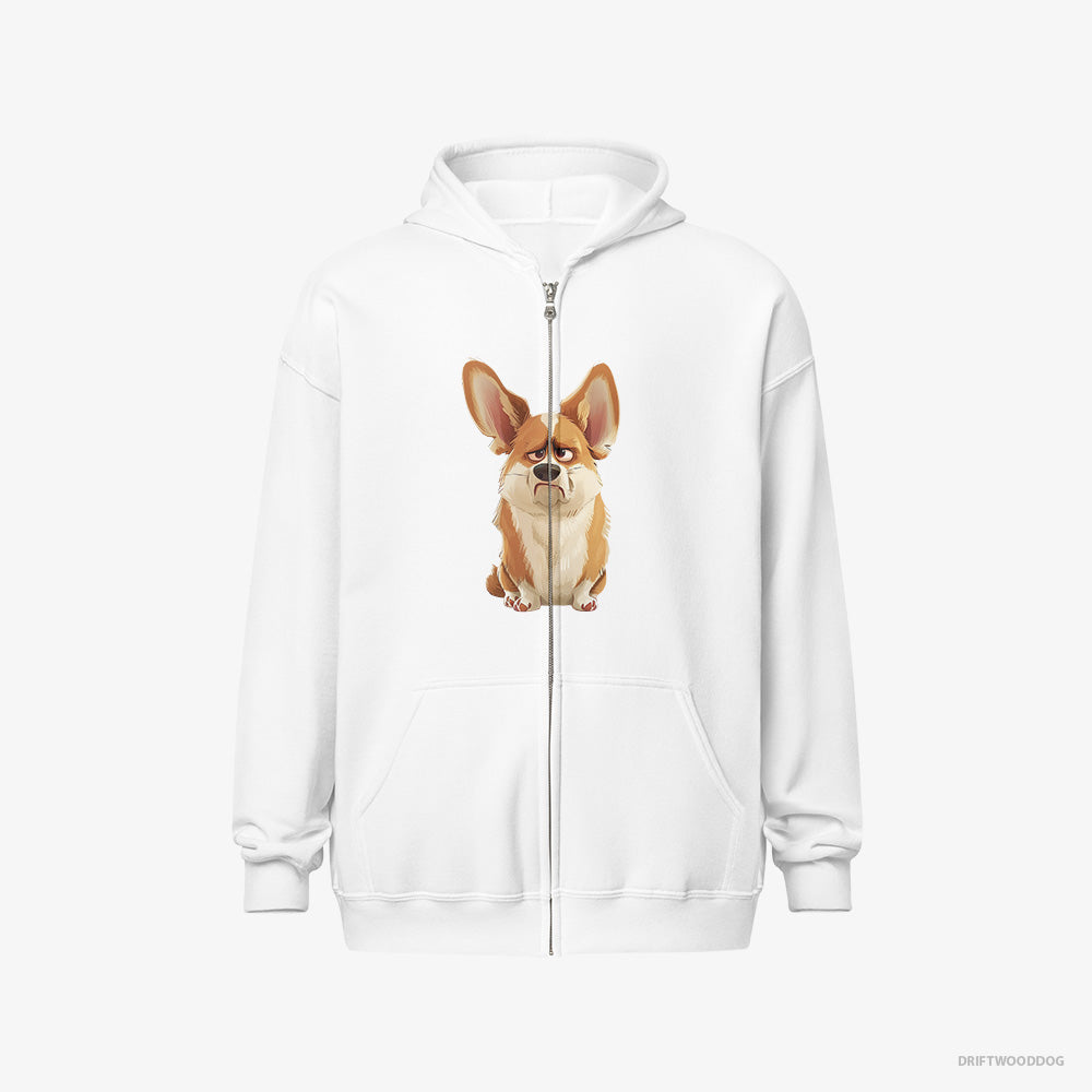 Corgi Hoodie – Women White Hoodie Full-Zip – Being Upset (on White Background)