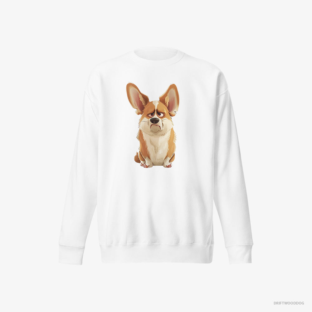 Corgi Sweatshirt – Women White Sweatshirt Eco-Friendly – Being Upset (on White Background)