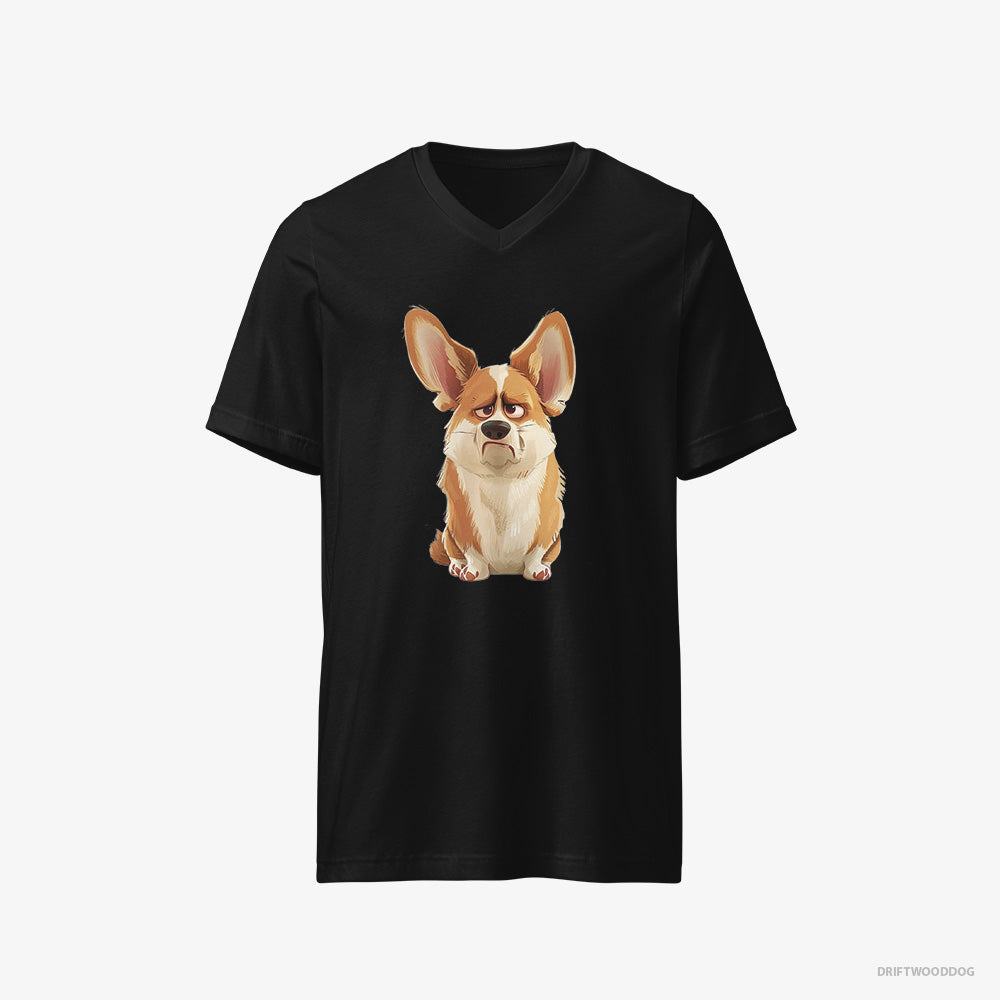 Corgi T-Shirt – Men Black T-Shirt V-Neck – Being Upset (on White Background)