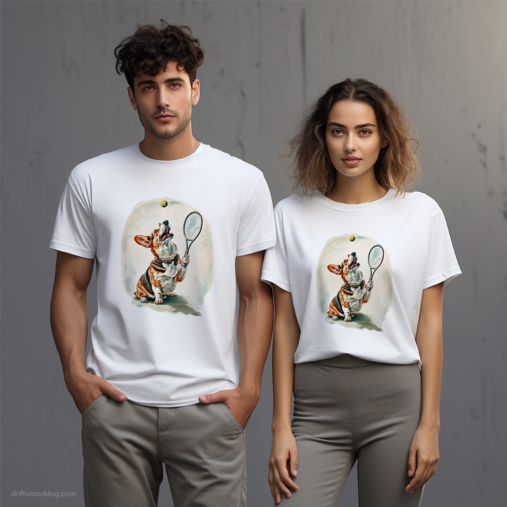 Corgi Playing Tennis T-Shirt – Unisex T-Shirt for Dog Lovers 