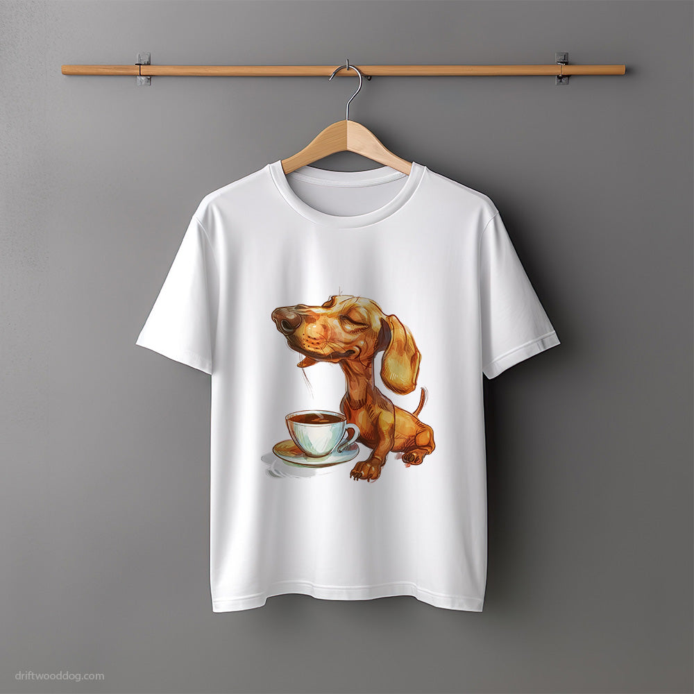 Dachshund Having Coffee T-Shirt – Unisex Tee for Dog Lovers