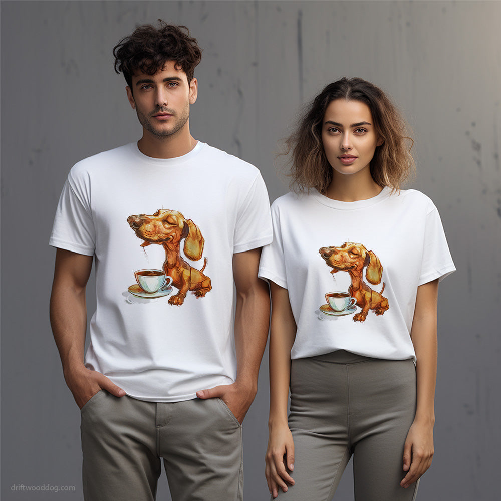 Dachshund Having Coffee T-Shirt – Unisex T-Shirt for Dog Lovers 