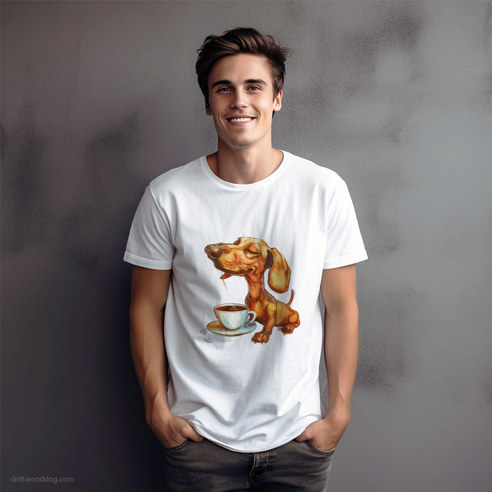 Dachshund Having Coffee T-Shirt – Dog Graphic Tee for Men