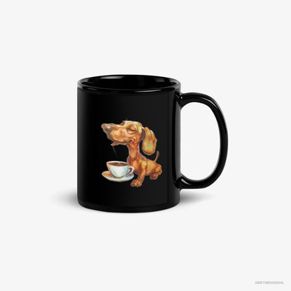 Dachshund Mug – Unisex Black Mug Classic – Having Coffee (on White Background)