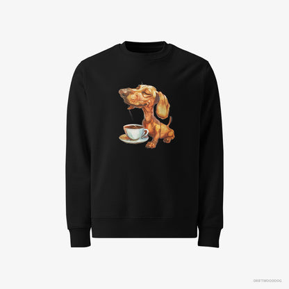 Dachshund Sweatshirt – Men Black Sweatshirt Classic – Having Coffee (on White Background)